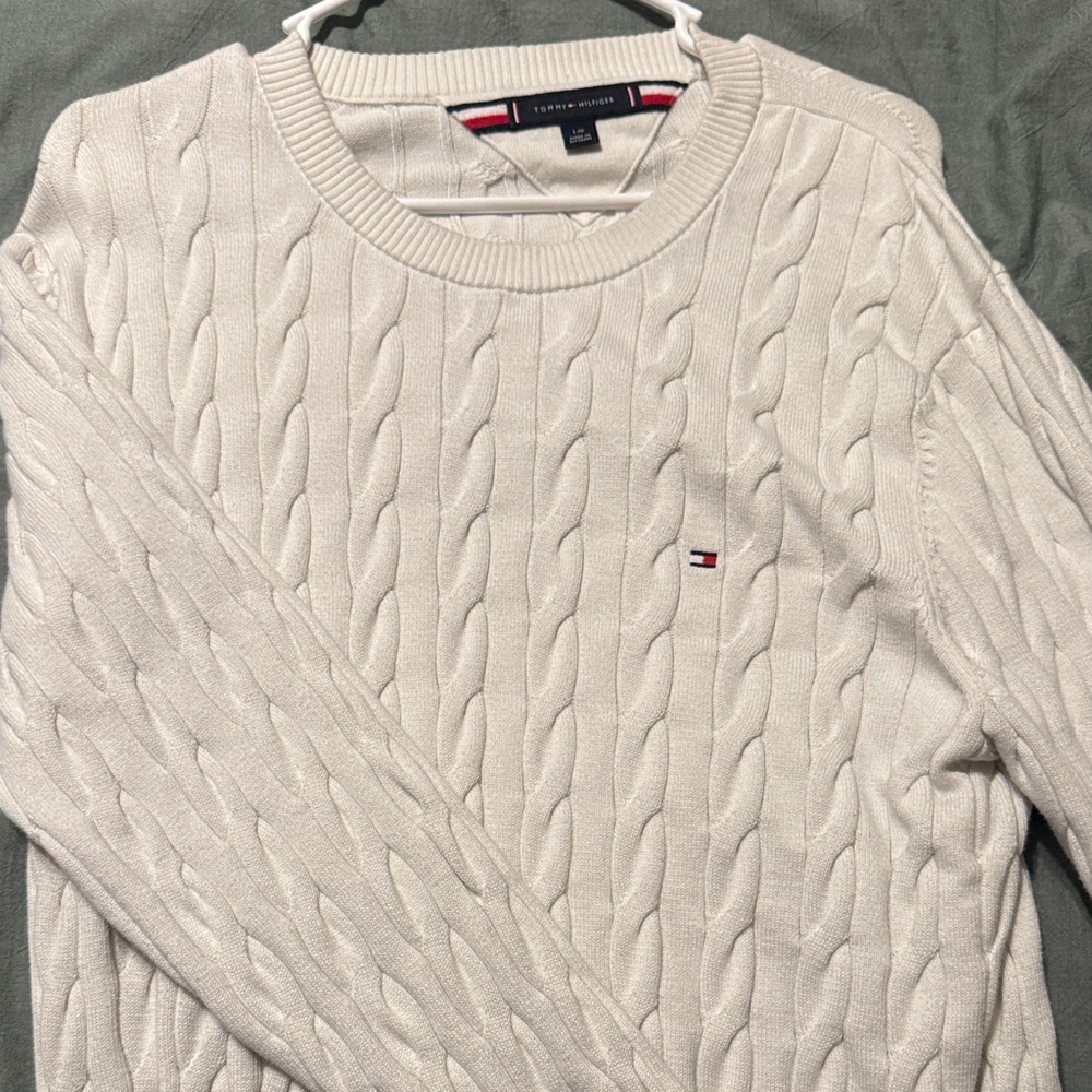 Tommy Hilfiger Men's White Cable Knit Crewneck Sweater